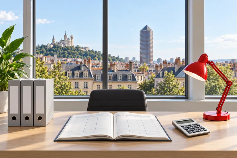 Bureau d'expert-comptable à Lyon : classeurs, registre et calculatrice, vue sur Fourvière