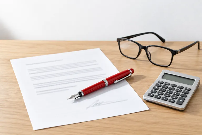 Une lettre de mission posée sur un bureau, avec un stylo plume rouge, des lunettes et une calculatrice