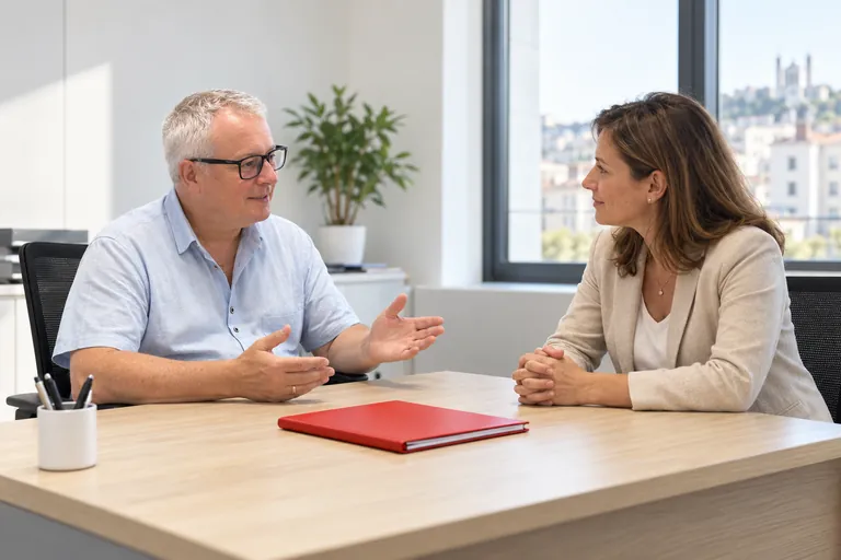 Frédéric Mancuso en rendez-vous avec une cliente, au cabinet
