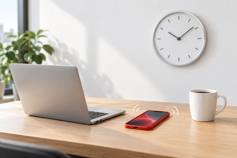 Un téléphone qui sonne sur un bureau, à côté d'un ordinateur portable et d'une tasse de café